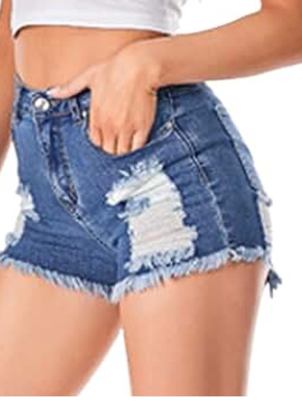 High-Waist Distressed Denim Shorts - Blue